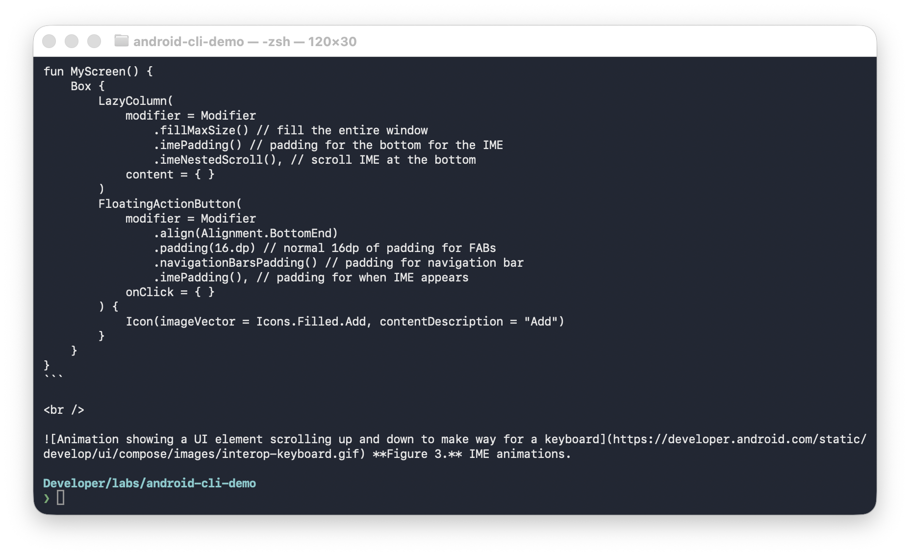 Android CLI docs fetch 终端窗口